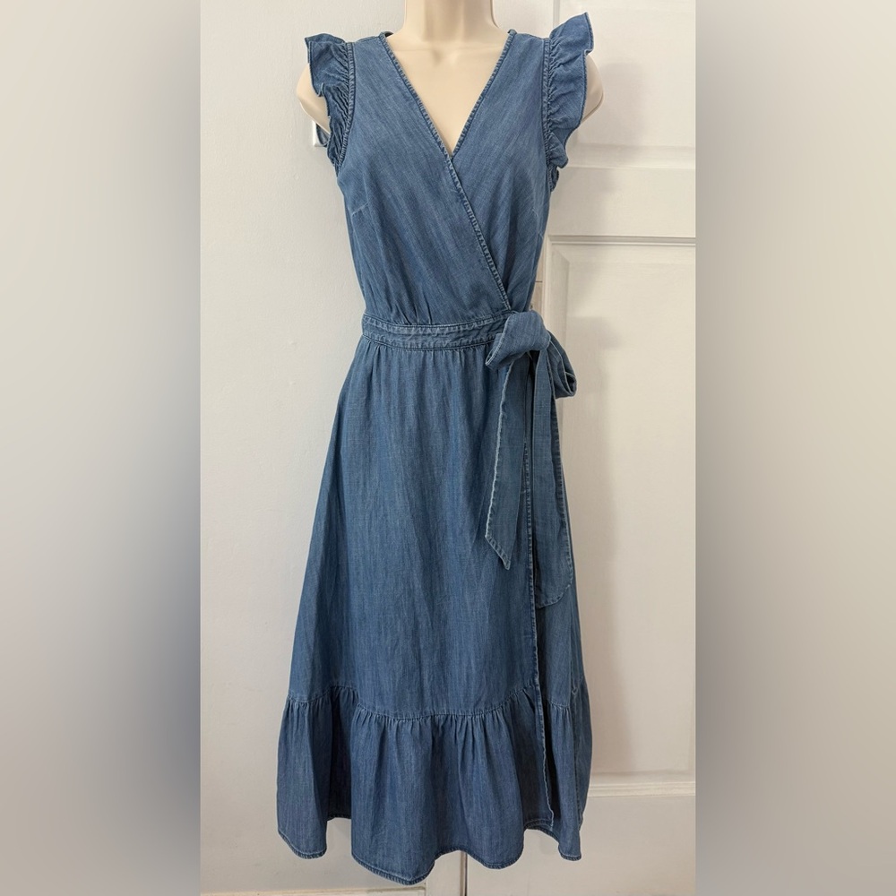 J. Crew Sleeveless Denim Midi Dress with Tie Waist